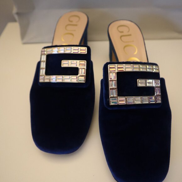 Gucci Madelyn Mules Crystal Logo Velvet Cobalt Blue Size 38 8 - Picture 12 of 12